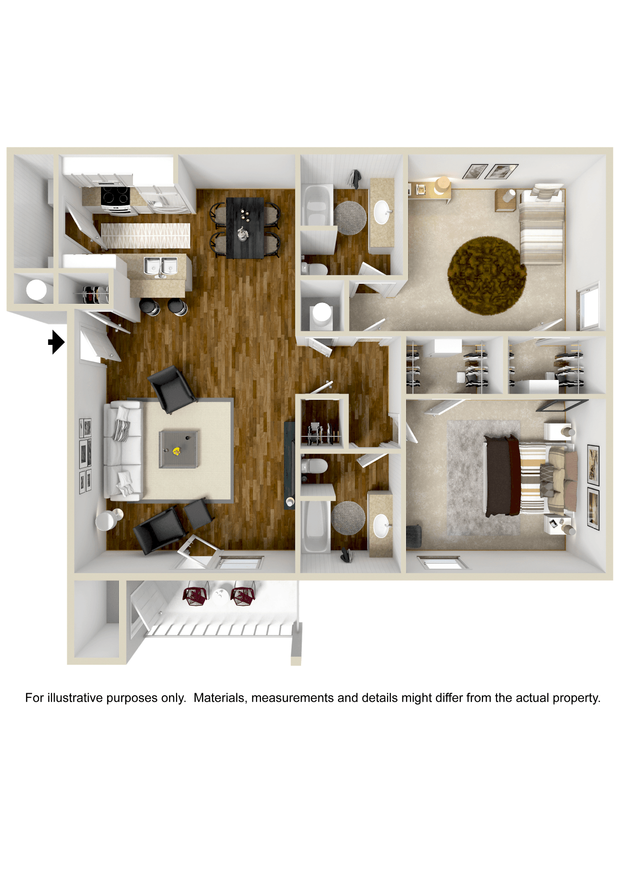 Floor plan for 2 beds, 2 baths, 1186 sqft
